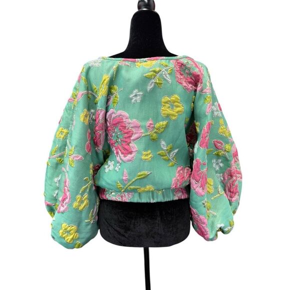 Arianne Elmy Green Good Luck Floral Embroidered Puff Sleeve Top Size S - Picture 8 of 15
